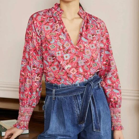 Boden Red Smocked Cuff Printed Split Neck Top Radish Oriental Paradise T0914 12 - Picture 1 of 16